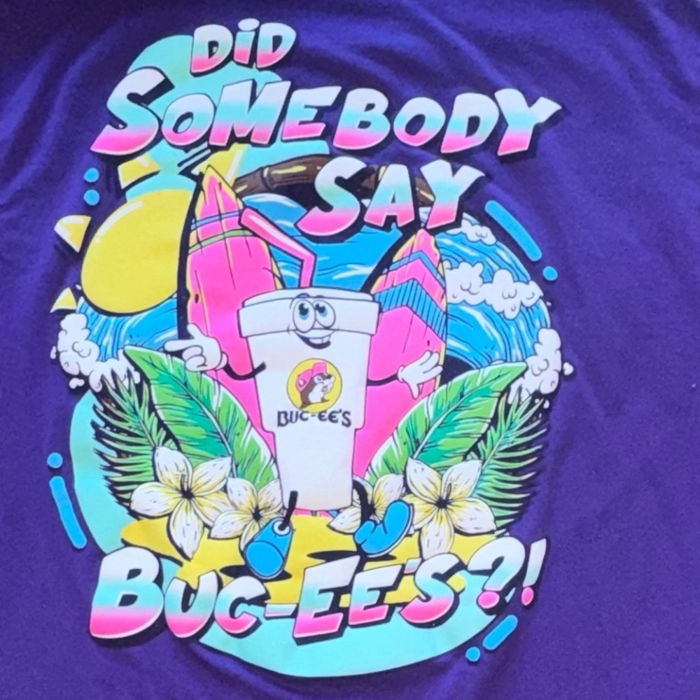 Buc-ee's Size L Purple “Did Somebody Say Buc-ee’s” Short Sleeve Surfer-Beach Tee